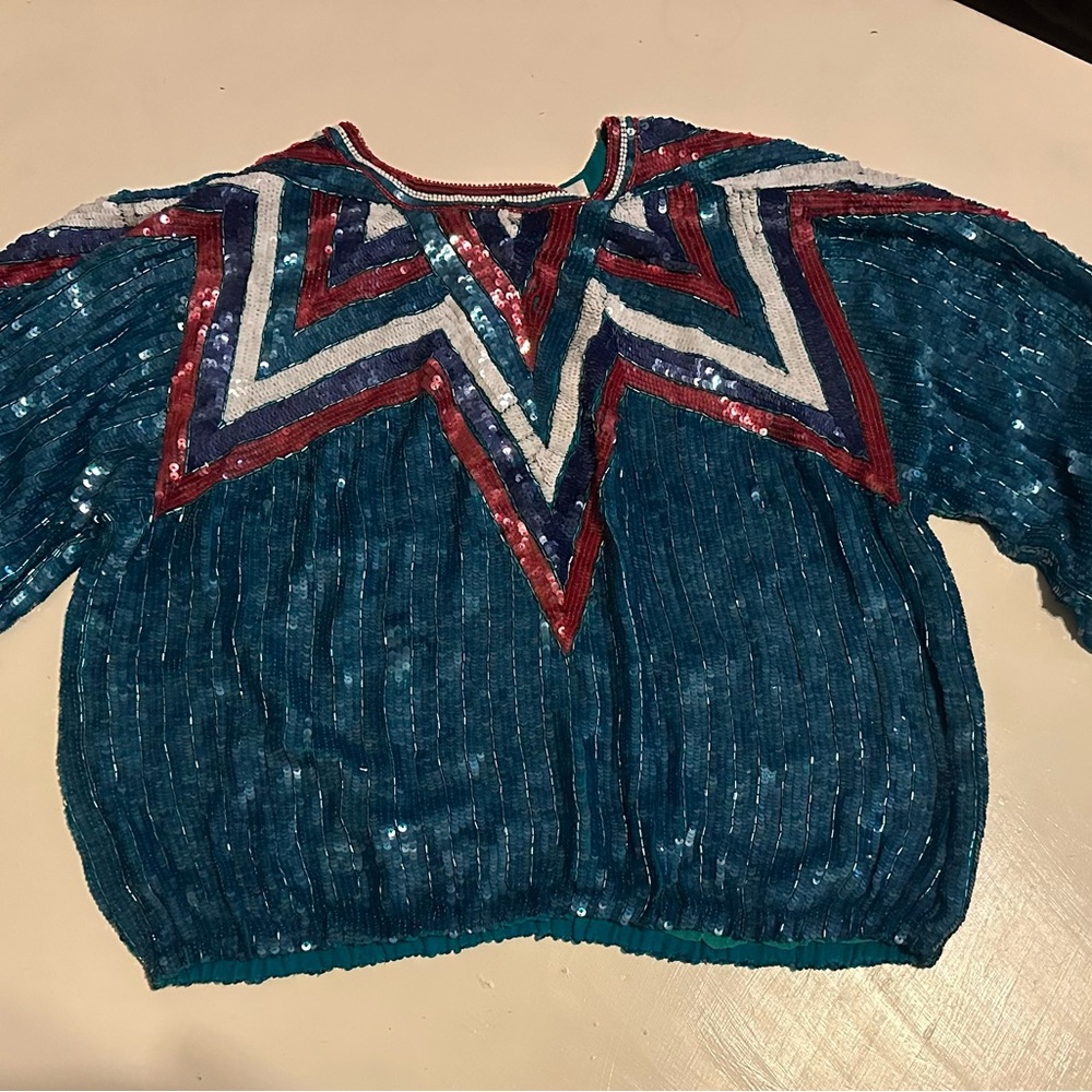Sakowitz Teal vintage Sequin Top
